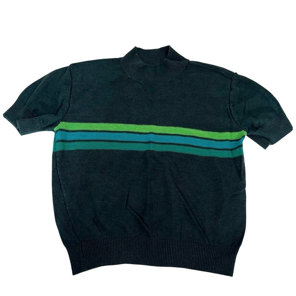 Free People Jungle Green Striped Mock Neck Short Sleeve Knit Sweater Top